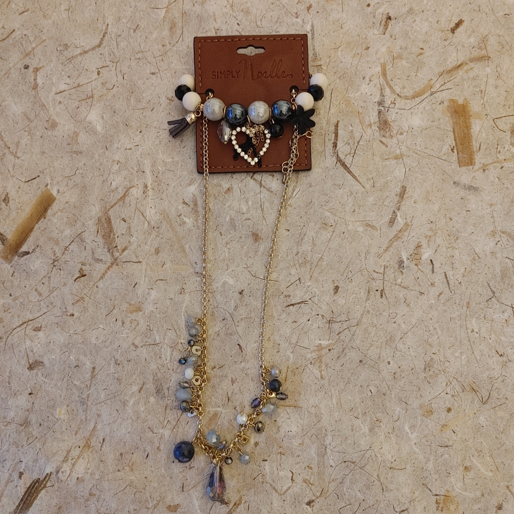 ⭐️NWT Simply Noelle Gold Blue Beaded Jewelry Set Necklace Heart Charm Bracelet